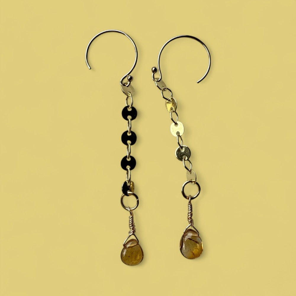Gold disc earrings with‎ a Citrine dangle
